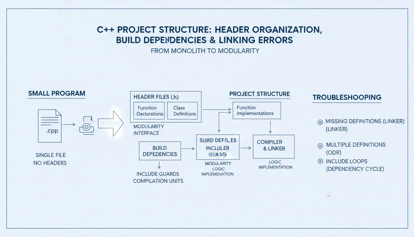 C++ 函数声明怎么从小程序过渡到项目结构:头文件组织、编译依赖和链接关系的排错流程