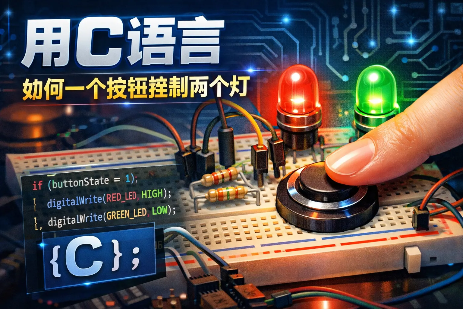 用c语言如何一个按钮控制两个灯