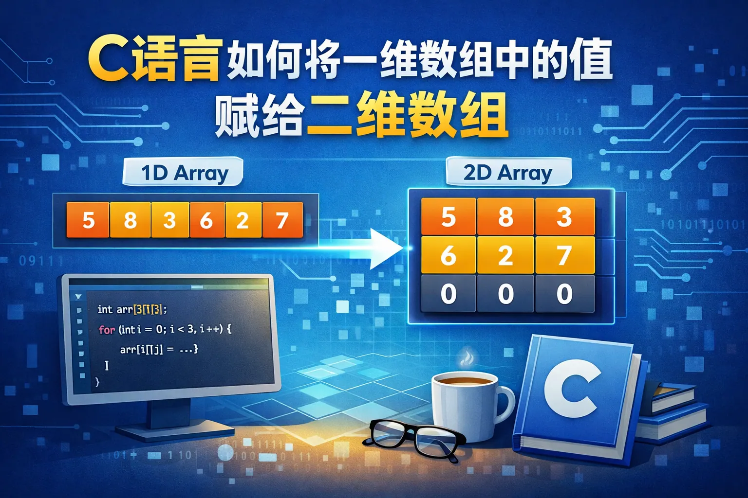 c语言如何将一维数组中的值赋给二维数组