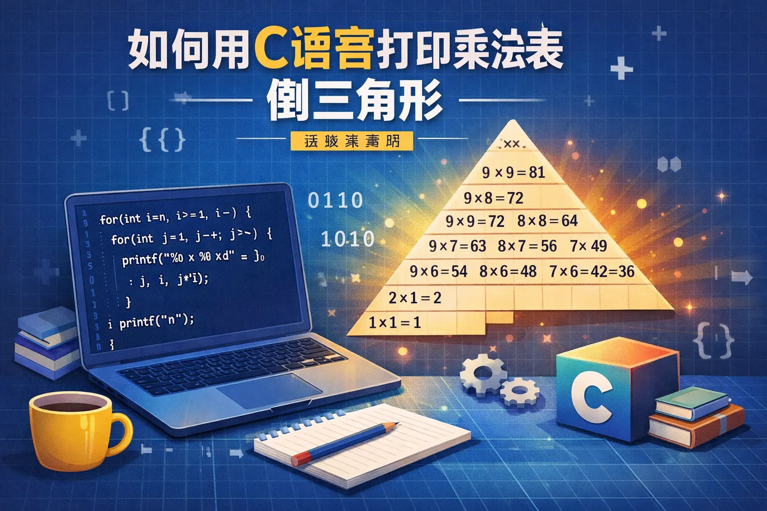 如何用c语言打印乘法表倒三角形
