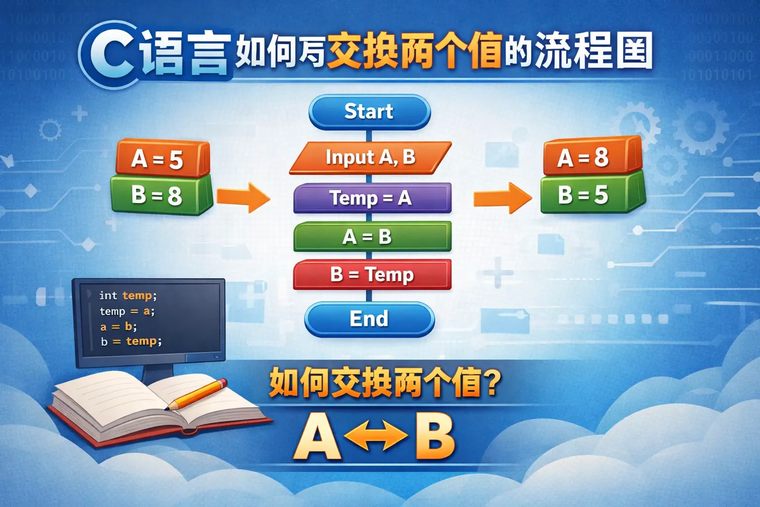 c语言如何写交换两个值的流程图