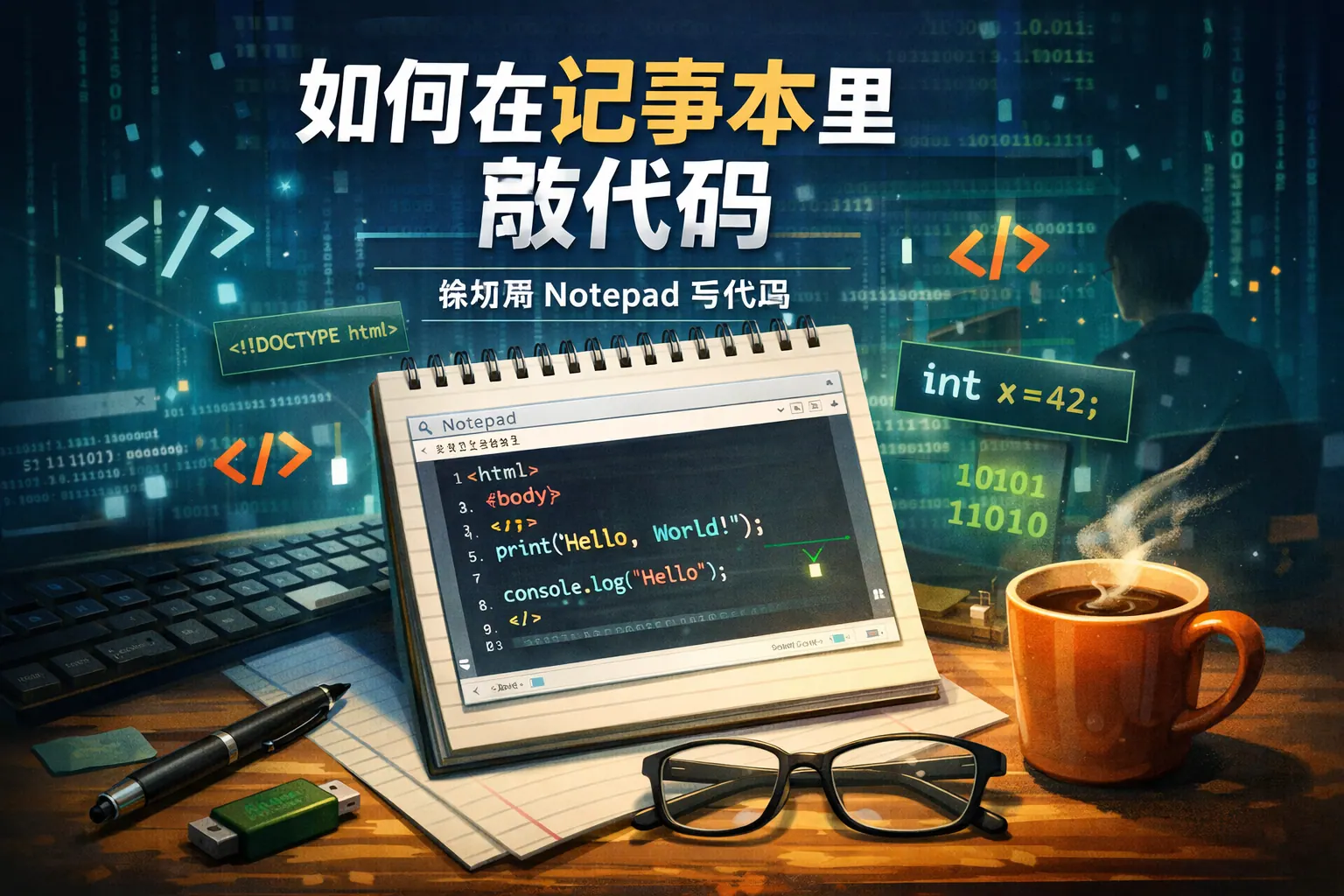 如何在记事本里敲代码