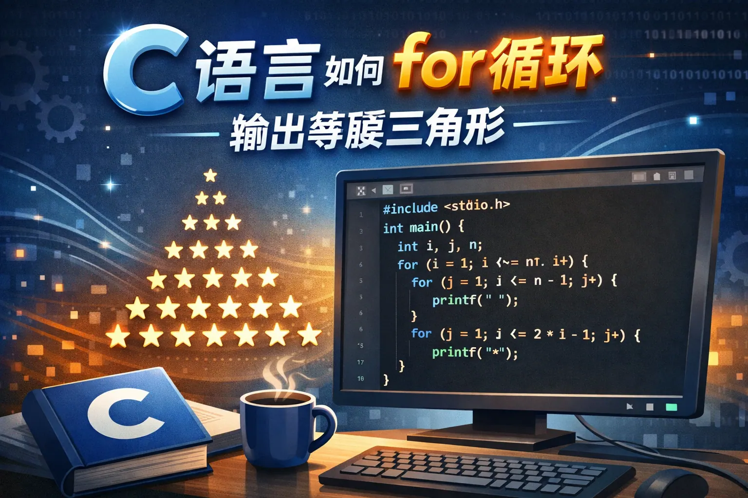 c语言如何用for循环输出等腰三角形