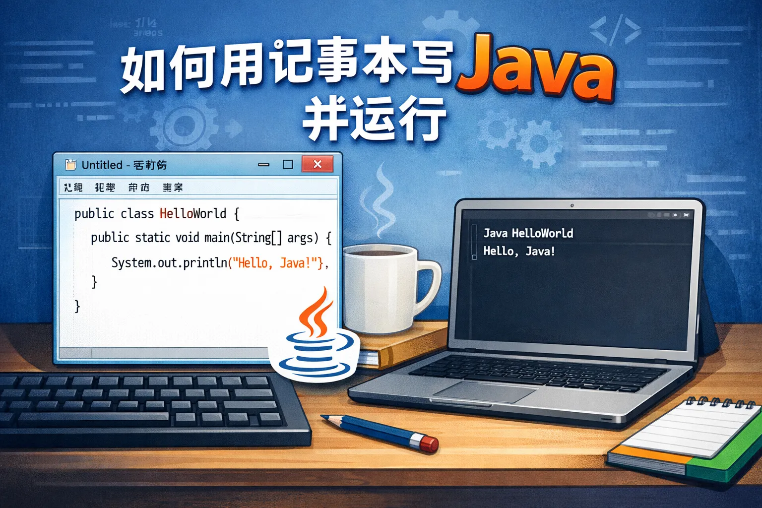 如何用记事本写java并运行
