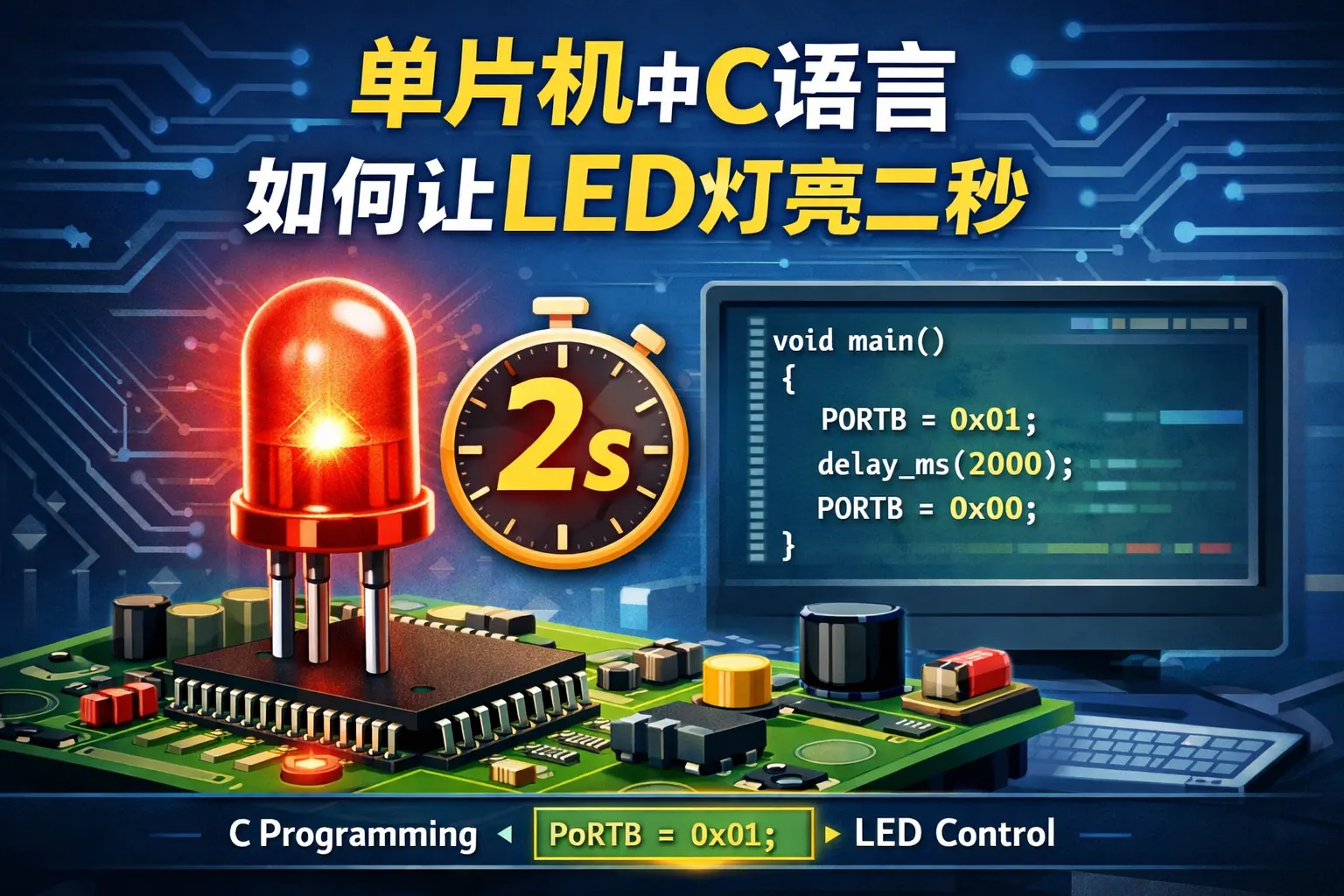 单片机中c语言如何让led灯亮二秒