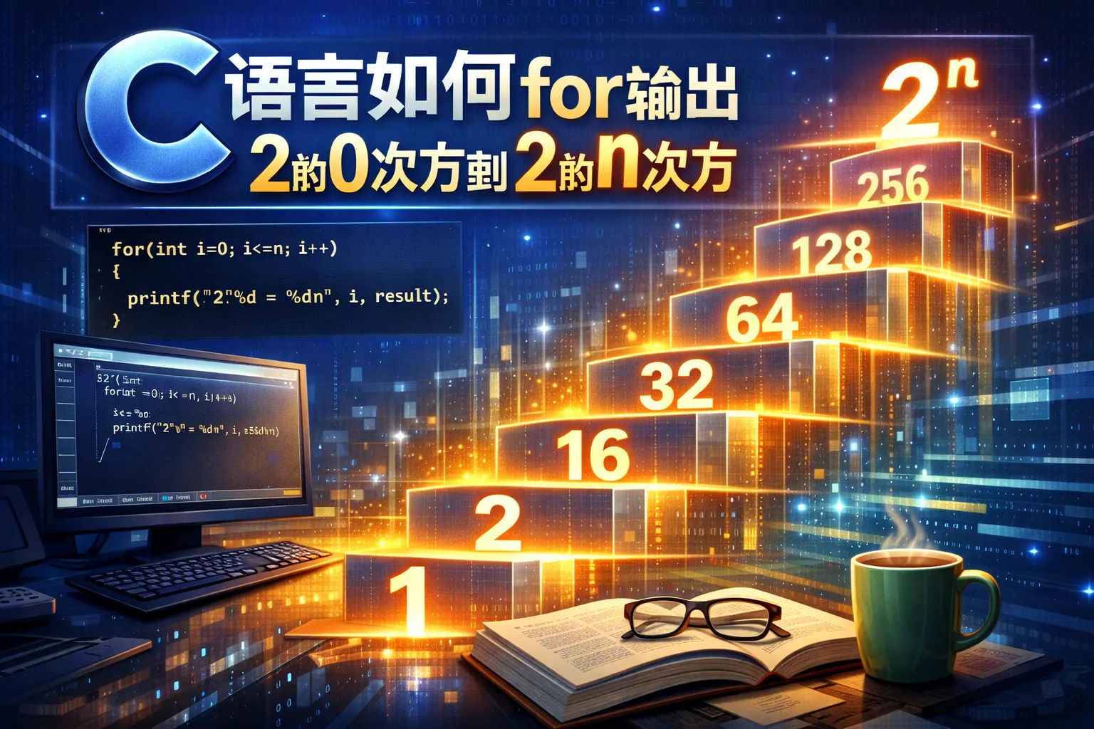 c语言如何for输出2的0次方到