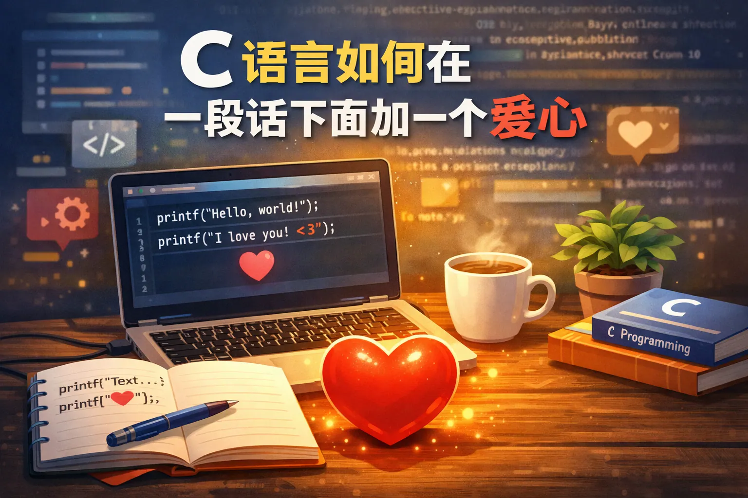 c语言如何在一段话下面加一个爱心