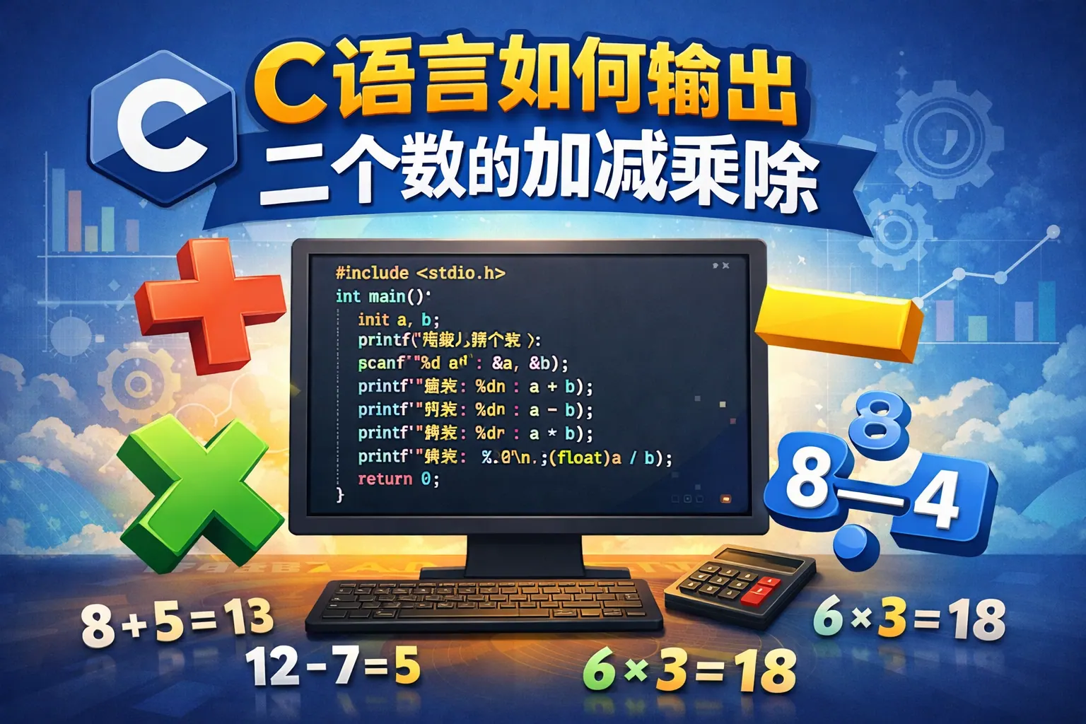 c语言如何输出二个数的加减乘除