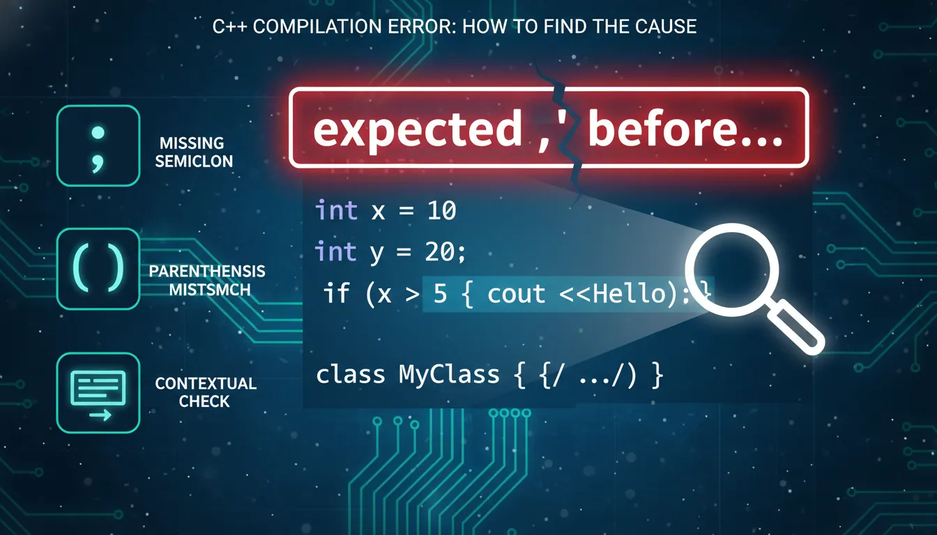 C++ expected ; before怎么从报错信息找到原因：分号遗漏、括号匹配和上下文排查的代码示例