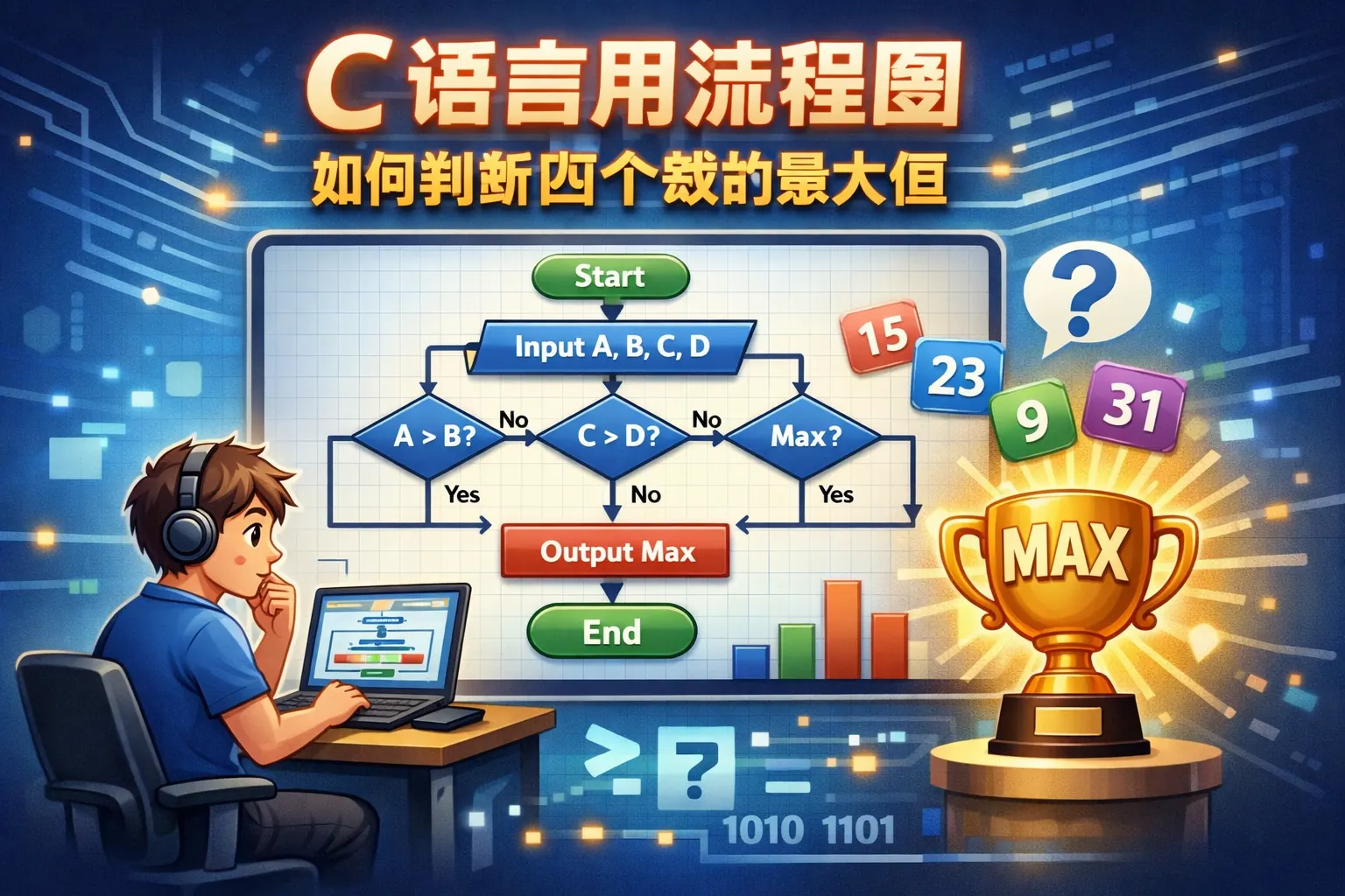 c语言用流程图如何判断四个数的最大值