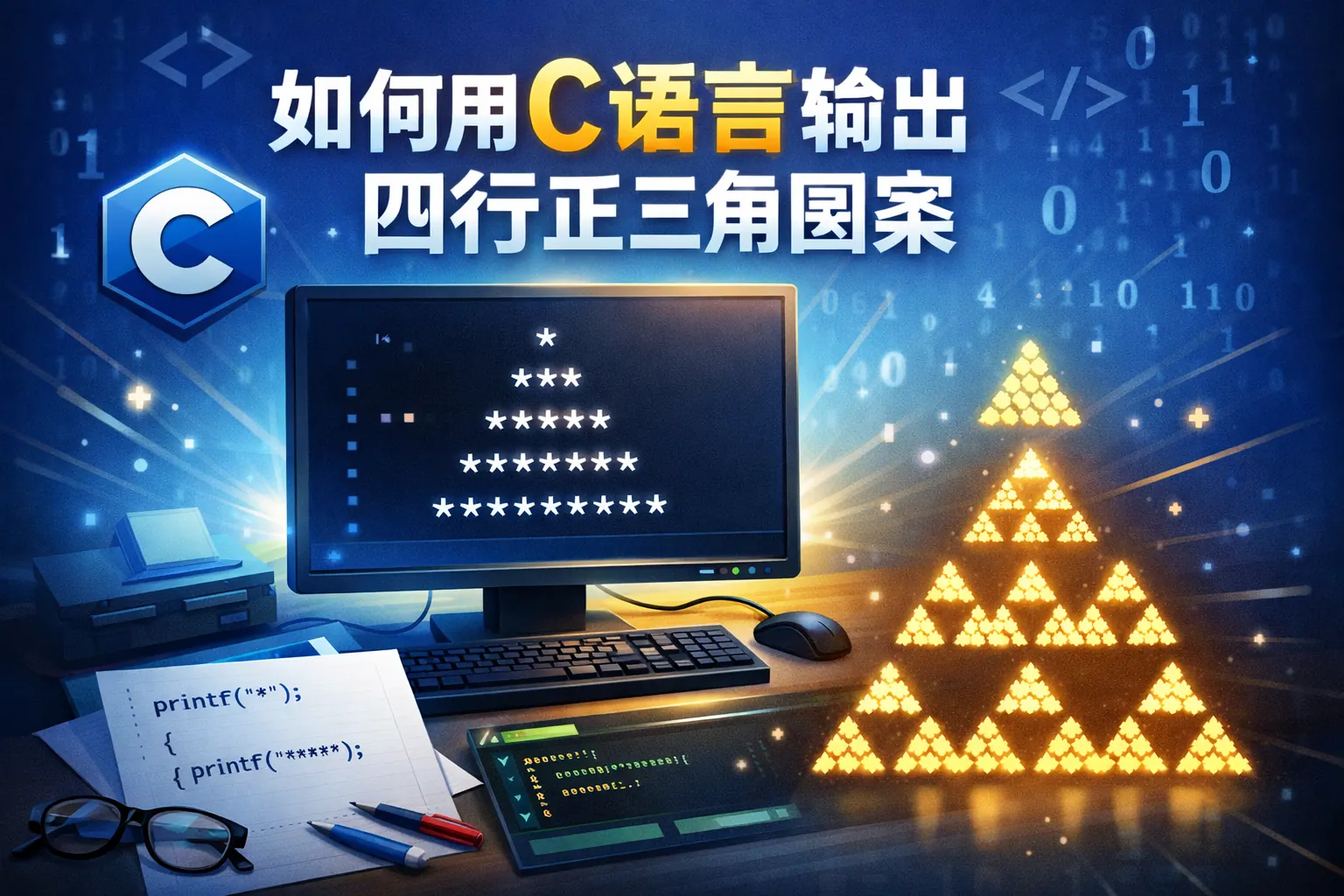 如何用c语言输出四行正三角图案