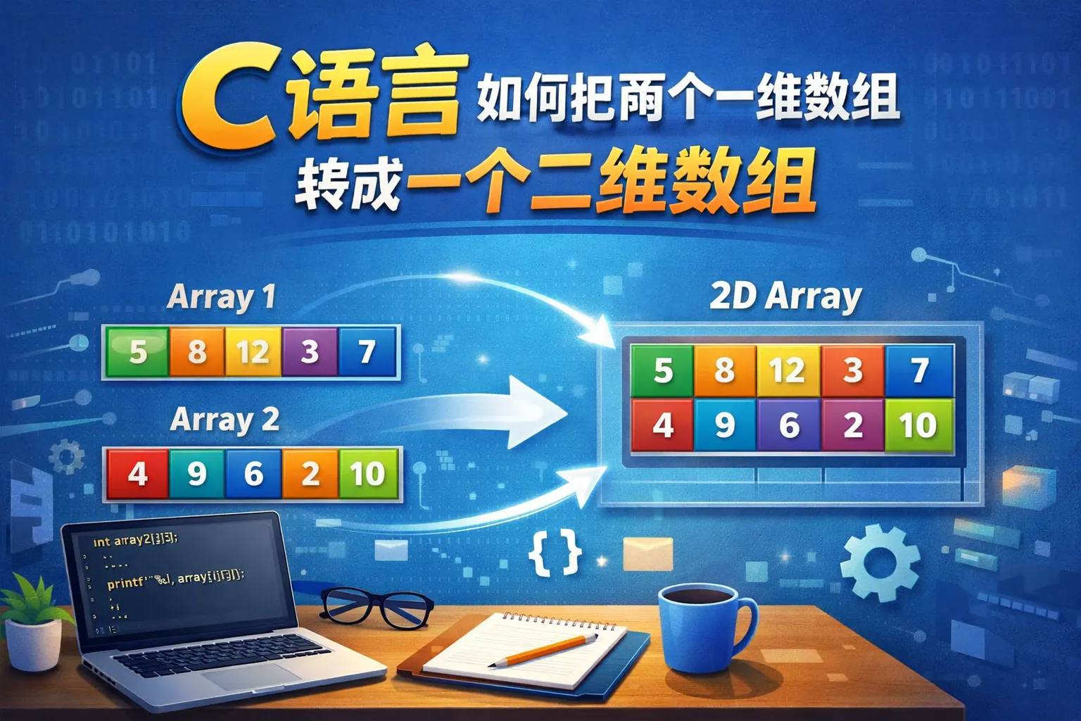 c语言如何把两个一维数组转成一个二维数组