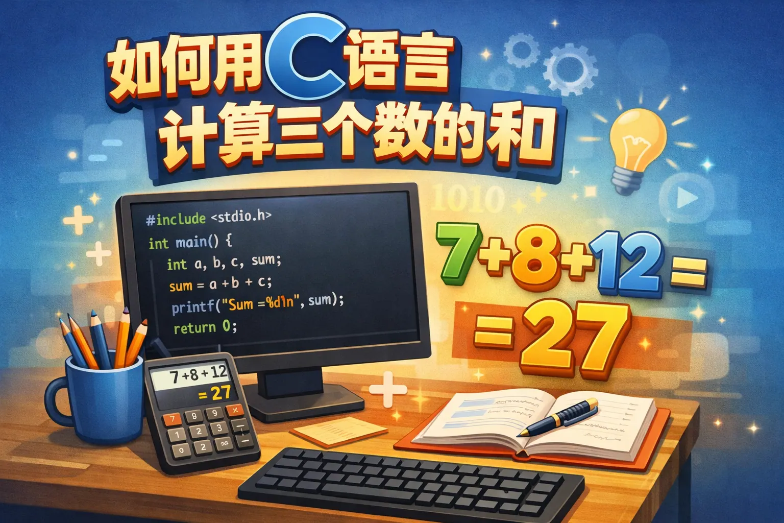 如何用c语言计算三个数的和