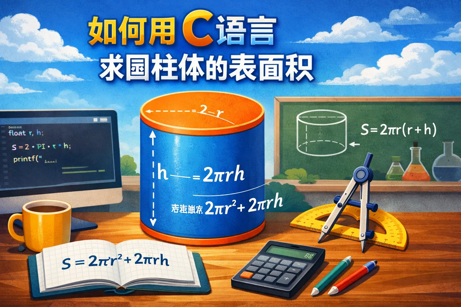 如何用c语言求圆柱体的表面积