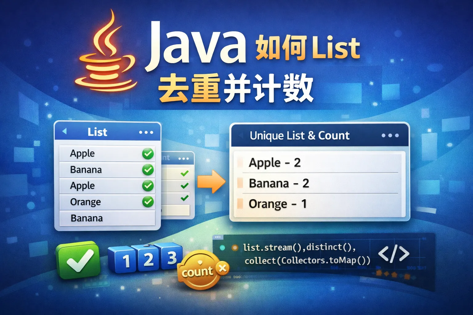 java如何list去重并计数