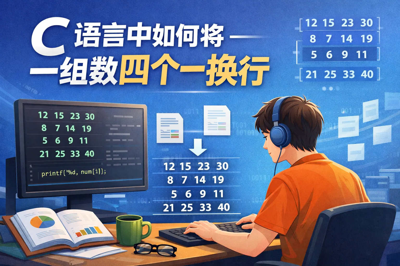 c语言中如何将一组数四个一换行