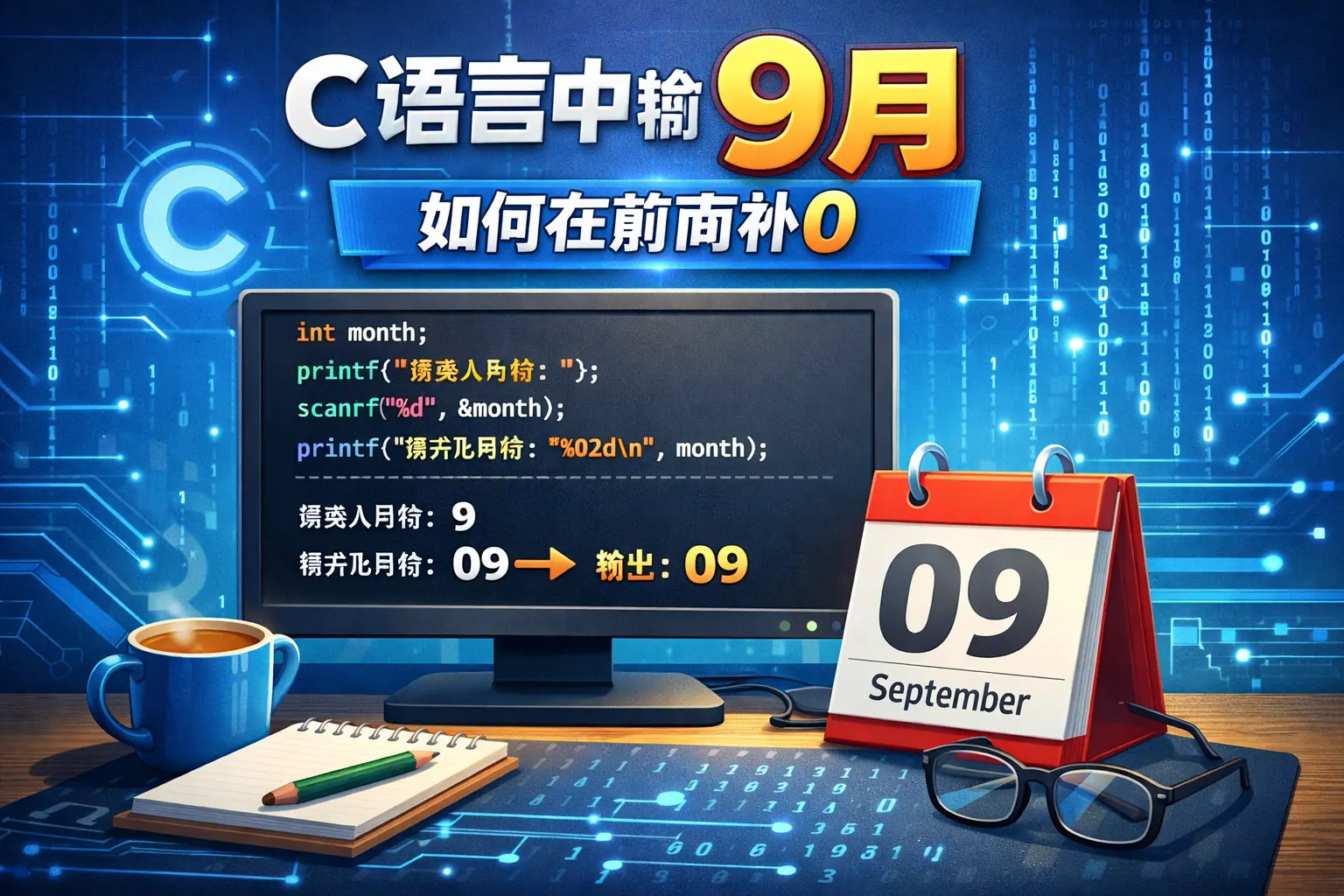 c语言中输入9月 如何在前面补0